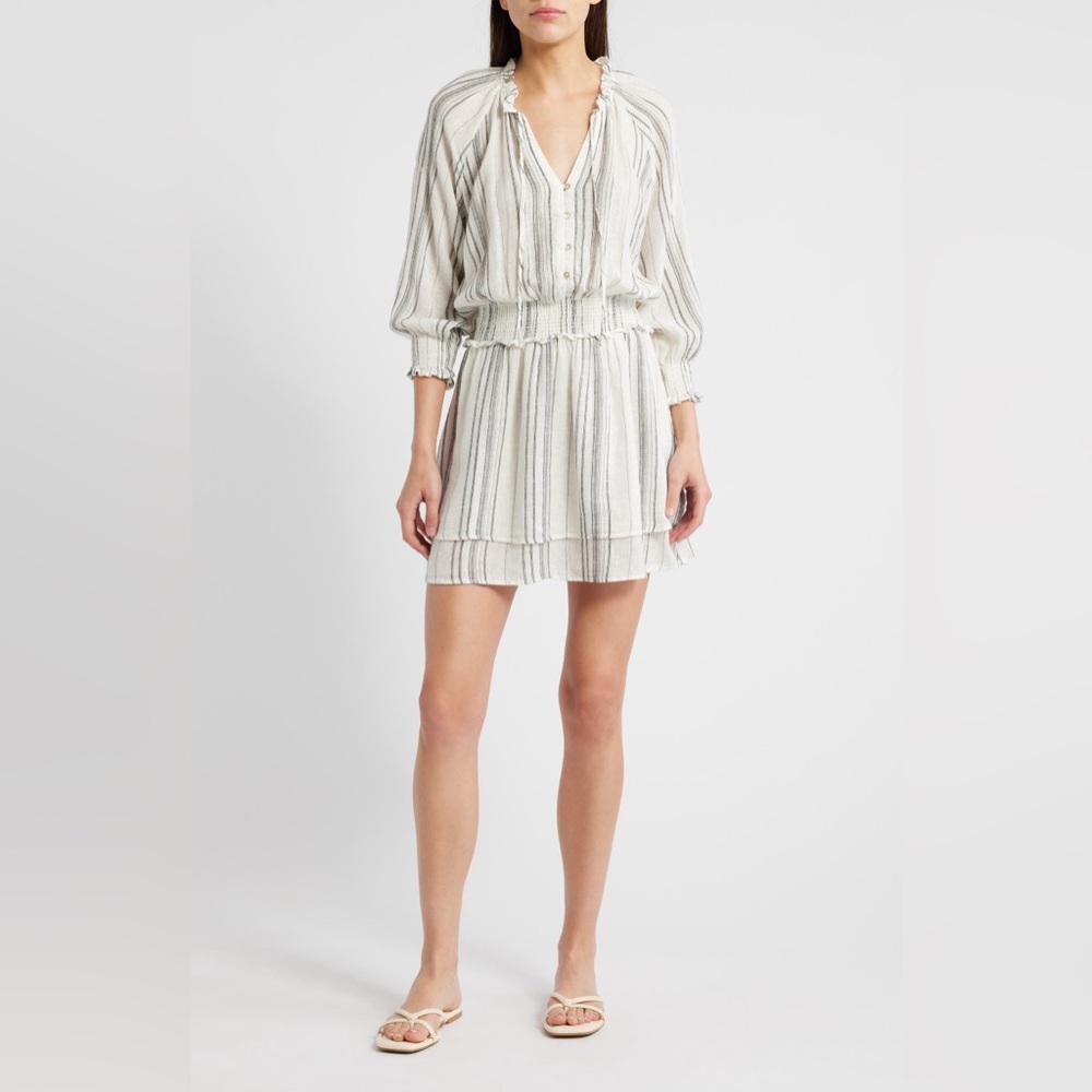 Rails Crystal Stripe Smocked Waist Linen Blend Blouson Dress